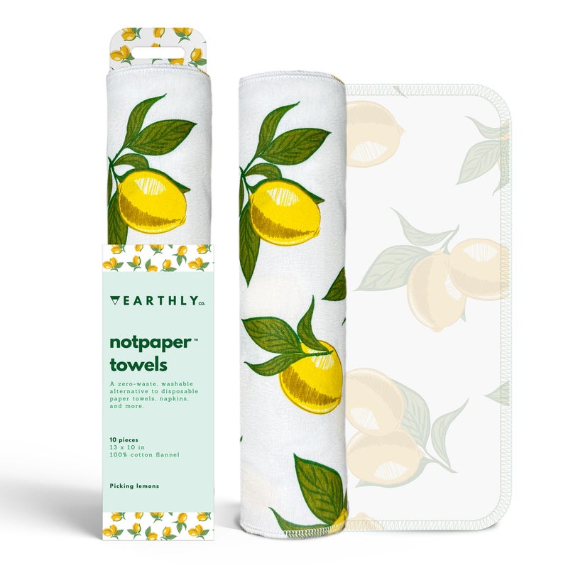 Earthly Co. Reusable Paper Towels - 10 Pack - Roll of Washable Cotton Cloth Paper Towels - Paperless Reusable Napkins Cloth Washable - Absorbent + Long Lasting - Zero Waste Products - (Lemon) - Image 1